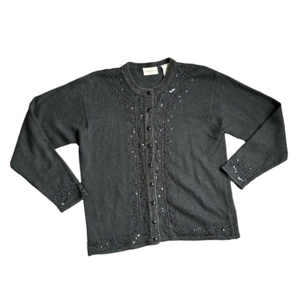 Jaclyn Smith, size Large, vintage classic black beaded cardigan, elegant
